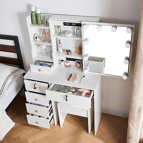 White Vanity Desk Set with 10 LED Lights and Charging Station W7137