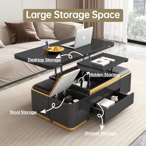 Lift Top Coffee Table with Storage and 4 Stools, Black C543603