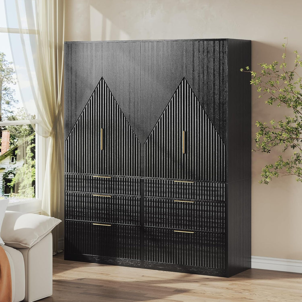 71.7" Wooden Wardrobe Armoire with 2 Doors and 3 Drawers, Black R48741