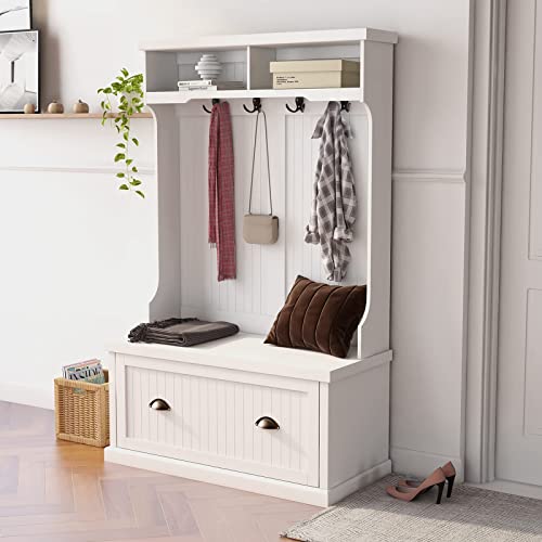 BNSPLY Hall Tree with Bench and Shoe Storage, White Y376