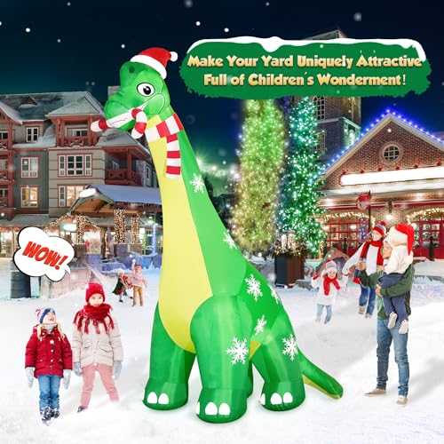 13FT Giant Dinosaur Christmas Inflatable with LED Lights and Candy Cane Santa Hat B668