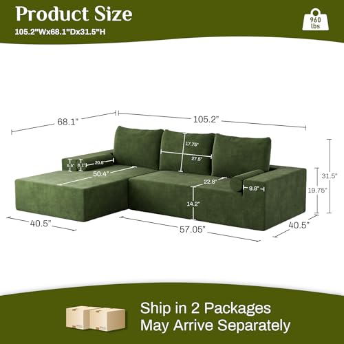 OUYESSIR L-Shape Modular Sectional Sofa Couch, 105" Chenille Upholstered Corner Sofa, Beige White G2566