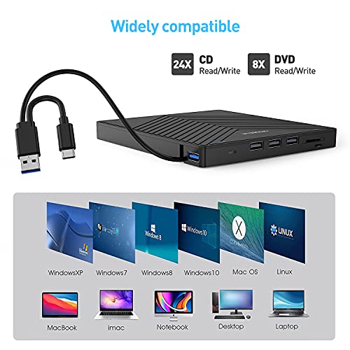 External CD DVD Drive for Laptop, USB 3.0 Type-C, Slim Portable Burner T70166