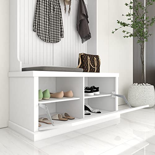 BNSPLY Hall Tree with Bench and Shoe Storage, White Y376