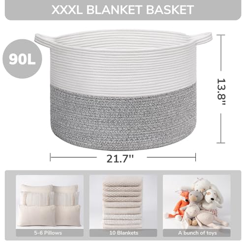 INDRESSME Large Cotton Rope Storage Basket with Handles, 90L Grey R37552