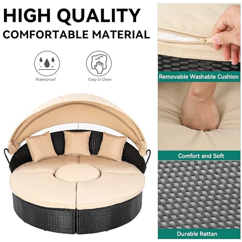 YITAHOME Outdoor Patio Wicker Daybed with Retractable Canopy, Light Brown and Beige N7296