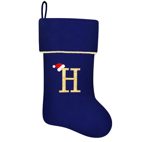20 Inches Initial Monogram Blue Velvet Christmas Stocking with Gold Trim U394