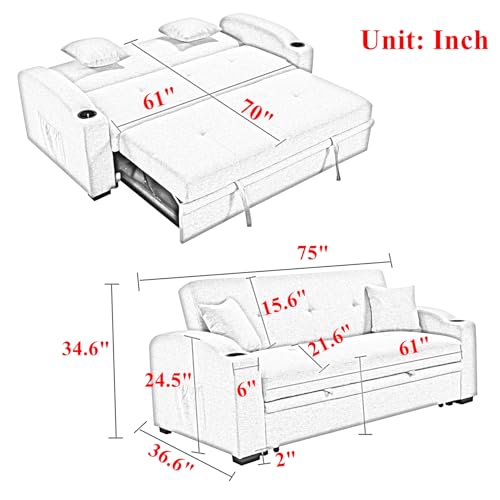 Queen Size Sofa Bed 3 in 1 Convertible Sleeper with Backrest Pillows, Beige M329529