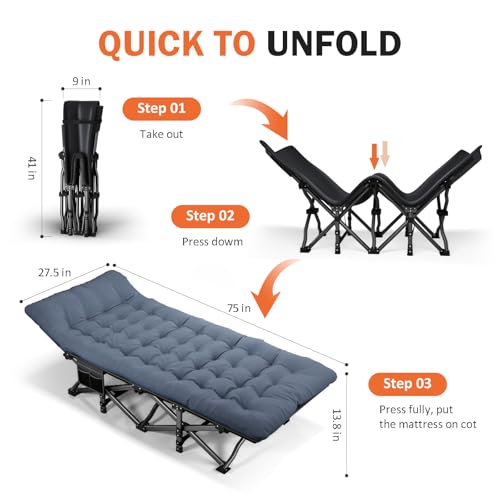 ATORPOK Camping Cot for Adults with Cushion, Portable Folding Bed, Gray F9576