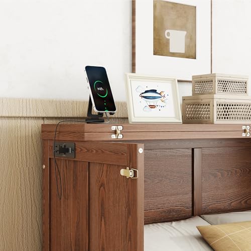 KEIKI Queen Size Murphy Bed with Charging Station and Drawer, Walnut B45816