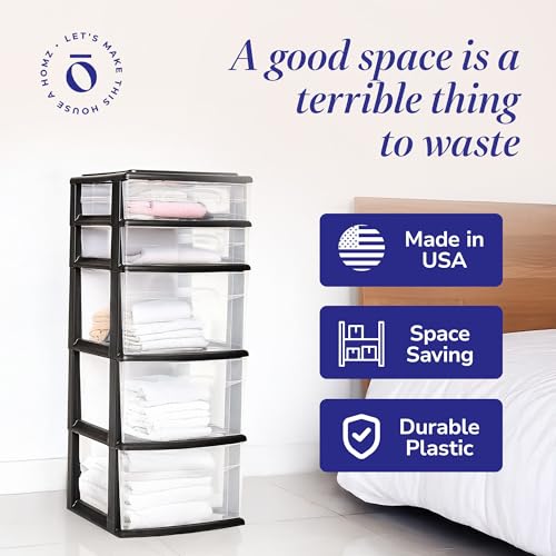 HOMZ Drawer Tower 5-Tier Clear Plastic Storage Organizer Black Frame V824