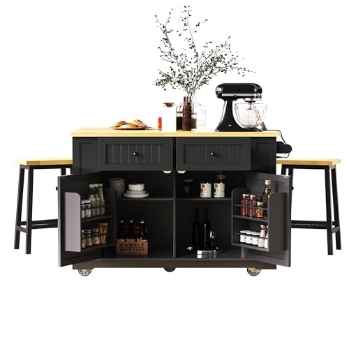 Ball & Cast 48" Kitchen Island with Power Outlet, Rolling Cart, Black H9509