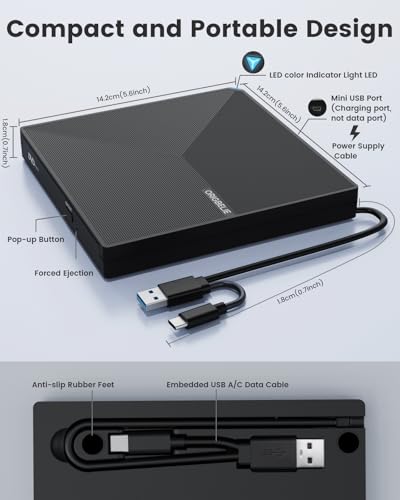 External CD DVD Drive for Laptop, USB 3.0 Type-C, Slim Portable Burner T70166