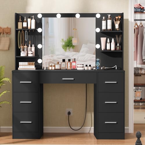 Quimoo Large Vanity Desk with LED Mirror & Power Outlet, White L335