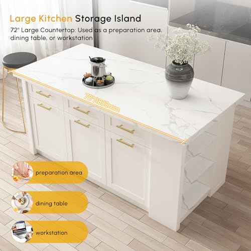 homary 72" Kitchen Island with Storage, White Dining Table with Seating & 3 Drawers H6352