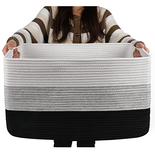 OIAHOMY Large Rectangle Woven Blanket Basket with Handle, Gradient Blue B58762
