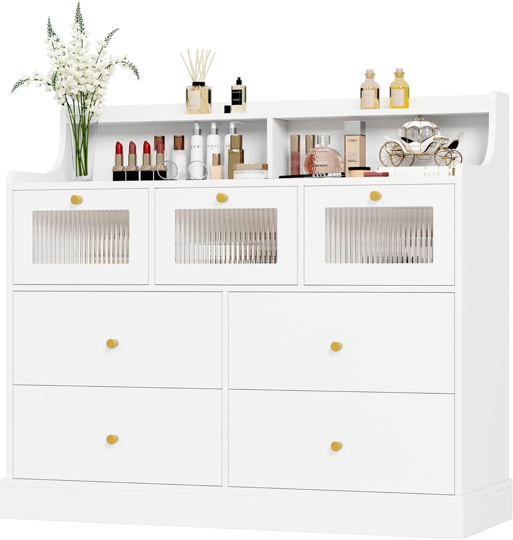 finetones 7 Drawer Dresser with Shelves, White and Gold W3983