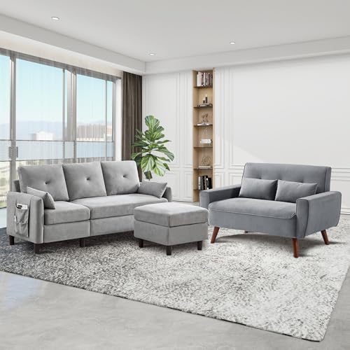 77" Convertible Sectional Sofa Set, L Shaped 3-Seat Couch with Reversible Chaise, Light Grey C552