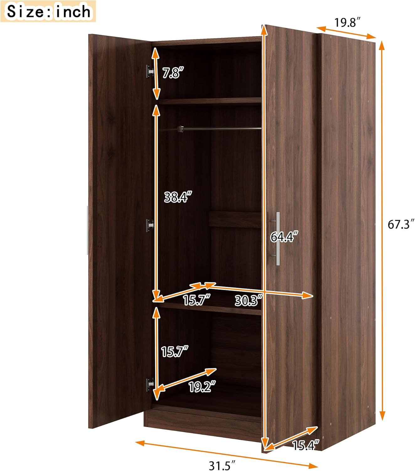 2-Door Wooden Wardrobe Armoire with 3 Storage Shelves F118250