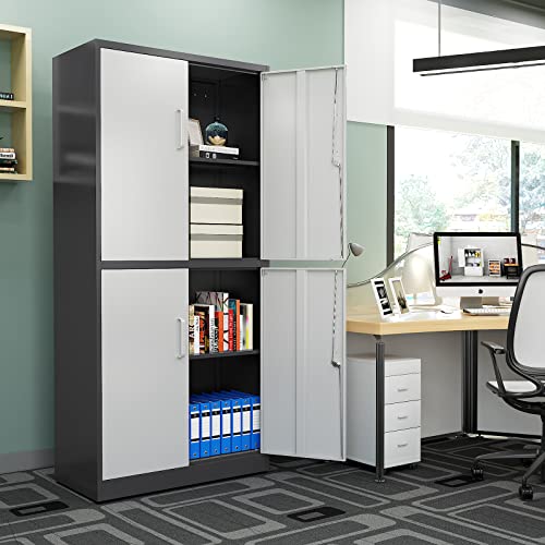 Locking Metal Garage Cabinet 72" Tall, 2 Doors, 5 Shelves, Black Steel Storage B923