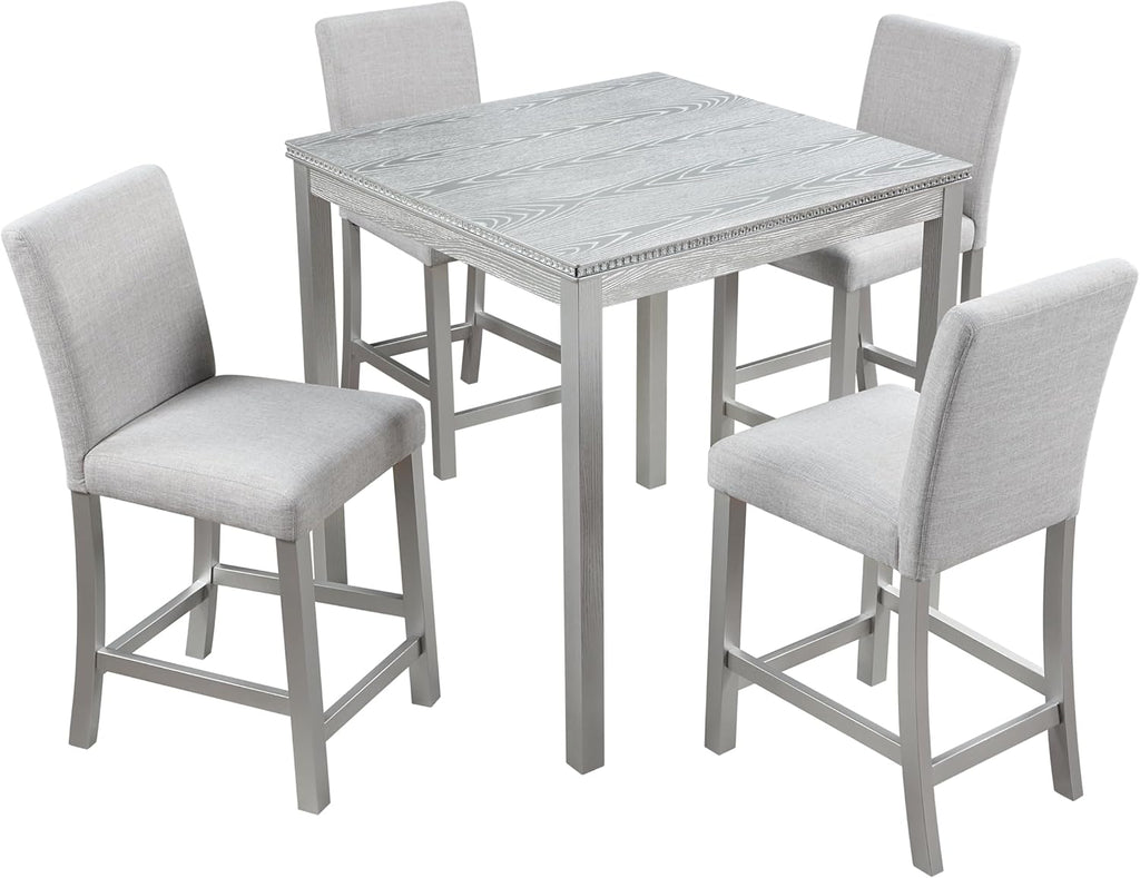 Acacia Wood Counter Height Dining Table Set with 4 Upholstered Chairs, Grey H9064