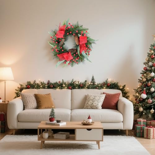 24 Inch Christmas Wreath with Red Ribbon and Pine Cones for Front Door D30392