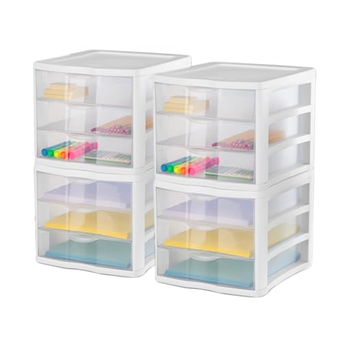 Sterilite 3 Drawer Plastic Desktop Organizer, White Frame, 4-Pack K799