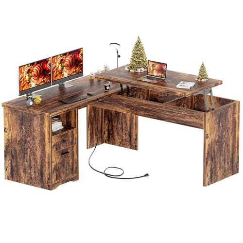 Unikito L Shaped Desk with Lift Top and Drawer, Large Office Desk with Power Outlets and USB Charging Ports, Sturdy Corner Computer Desk Writing Table with Storage, L Shape Standing Desk, Black
