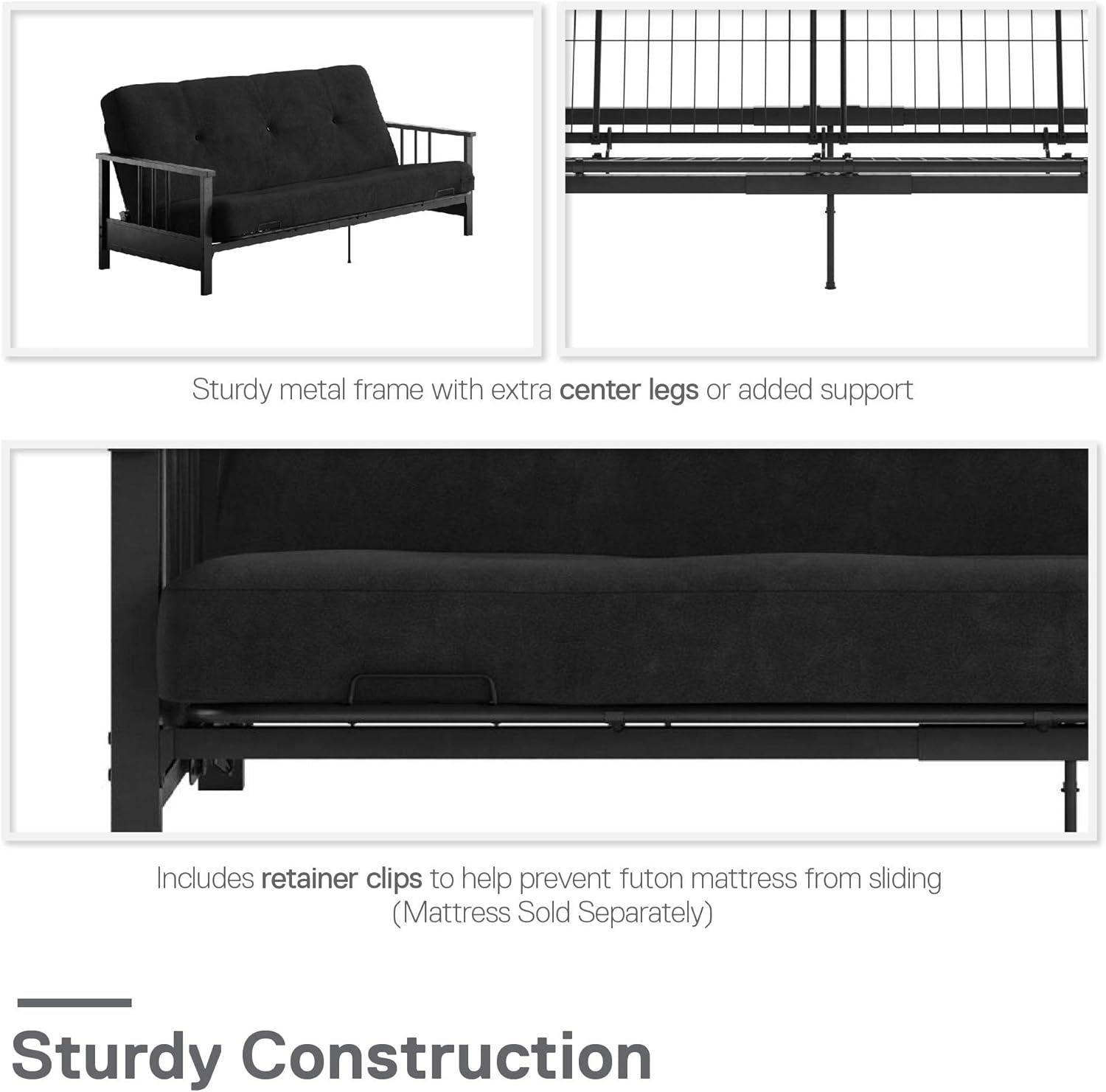 REALROOMS Bretta Contemporary Black Metal Arm Futon Frame D627