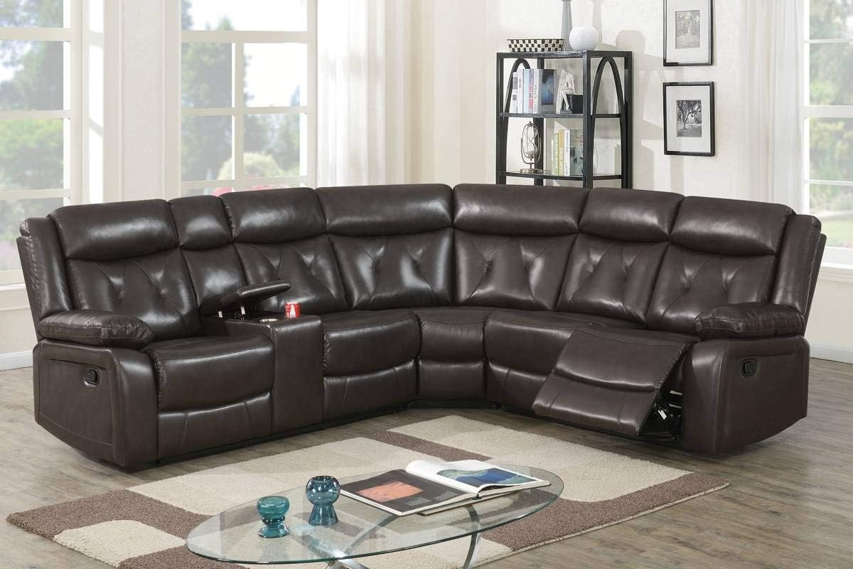 Amara 3 Piece Power Reclining Sectional with Console in Brown Leather Gel
