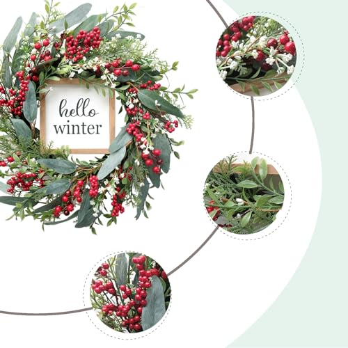 TEMPUS Christmas Wreath 20" Red Berries with Hello Winter Sign C803