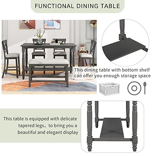 UBGO 6-Piece Counter Height Dining Table with Shelf, 4 Chairs and Bench, Gray C357