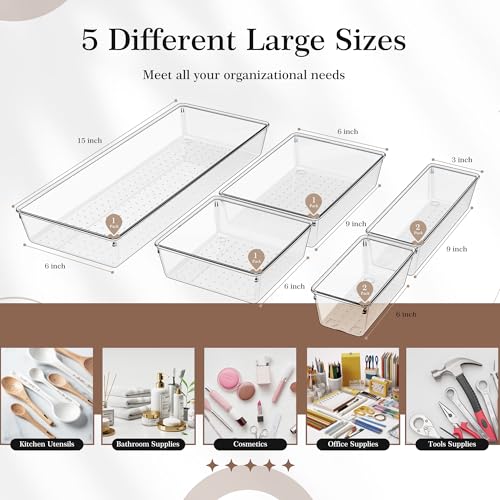Criusia Drawer Organizer, 10 Pack Clear Plastic Storage Bins, 3 Sizes I166