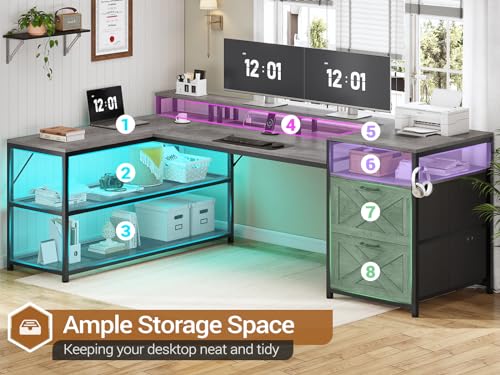 SEDETA 67" L Shaped Desk with Drawers, Power Outlet, LED Lights for Home Office H711271
