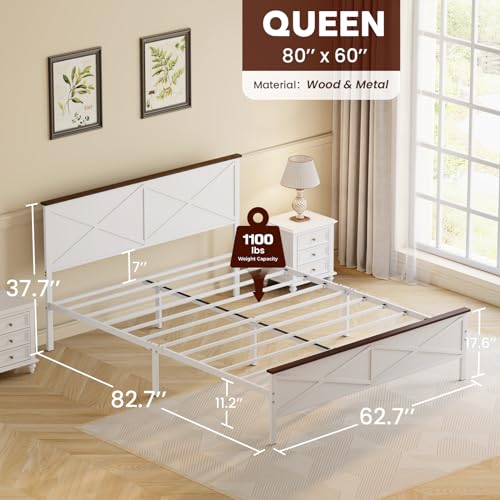 VOPEAK Farmhouse Queen Bed Frame with Headboard, Metal Platform, White E258