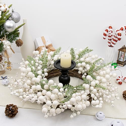20 Inch White Christmas Wreath with White Berry Fir Pine Needle F528