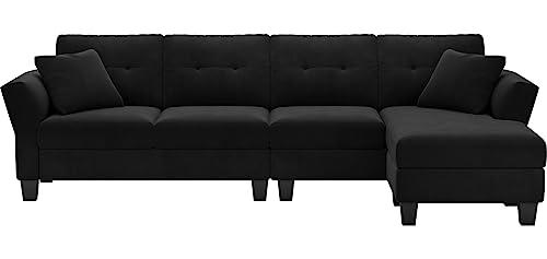 Belffin Velvet Sectional Couch L Shaped Sofa with Chaise, Black O54126