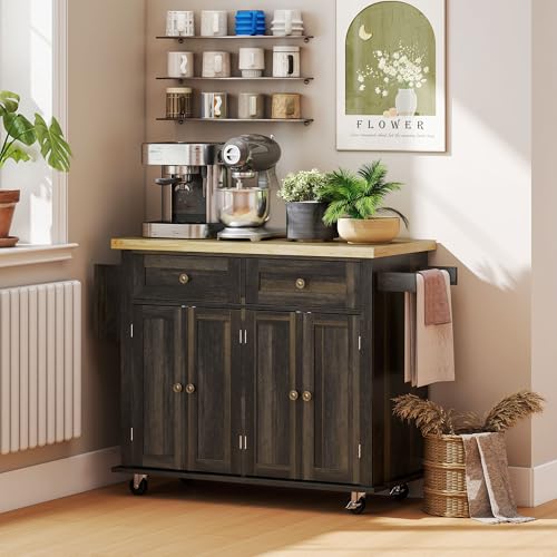 HOMCOM Kitchen Island on Wheels with Rubberwood Top, Navy Blue X7812