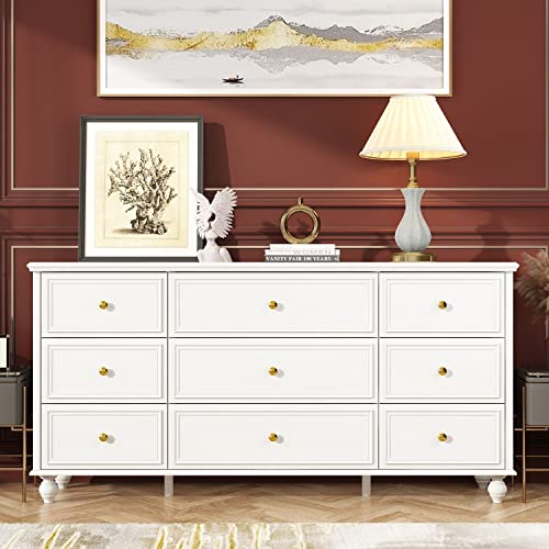 FAMAPY Chest of Drawers White Dresser with Gold Metal Handles & Wooden Legs O6797