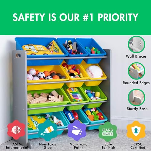 Humble Crew Kids Toy Storage Organizer with 12 Plastic Bins, Grey/White O74556