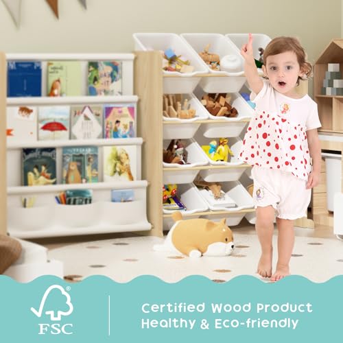 Kids Toy Storage Organizer with Bookshelf, 12 Bin, 4 Shelf, Burlywood E313566