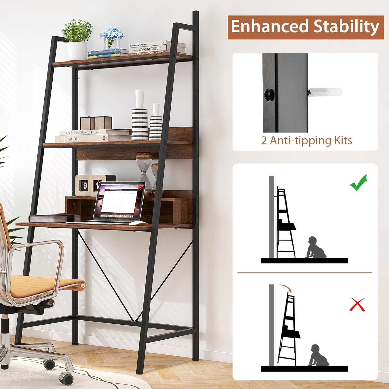 GOFLAME 71" High Ladder Desk with Open Shelves, Brown V699