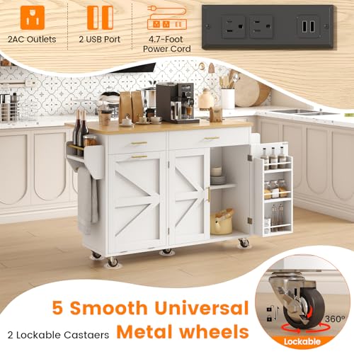 51.8" Kitchen Island Cart with Trash Can Storage and Power Outlet K195612