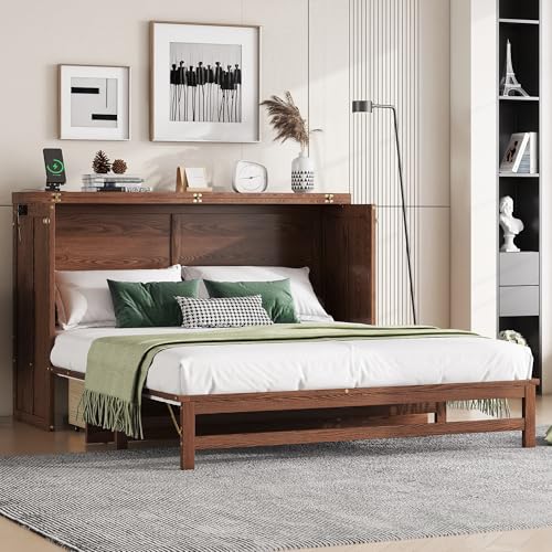 KEIKI Queen Size Murphy Bed with Charging Station and Drawer, Walnut B45816