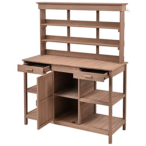 Merax 66" Outdoor Farmhouse Wooden Potting Bench Table with 2 Drawers and Cabinet, Brown U7933