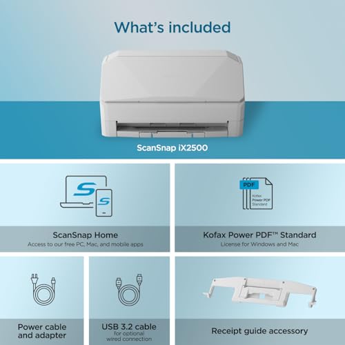 ScanSnap iX2500 Wireless and USB Document Scanner with Touchscreen, 100 Page ADF, White P500137