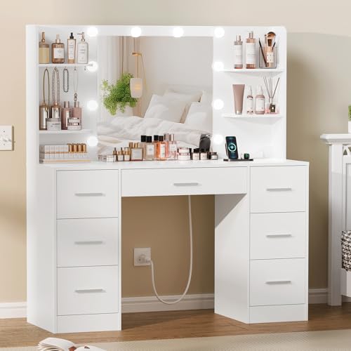 Quimoo Large Vanity Desk with LED Mirror & Power Outlet, White L335