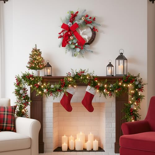 Christmas Wreath for Front Door with Red Bow and Golden Ball H285