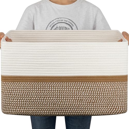 OIAHOMY Large Rectangle Woven Blanket Basket with Handle, Gradient Blue B58762