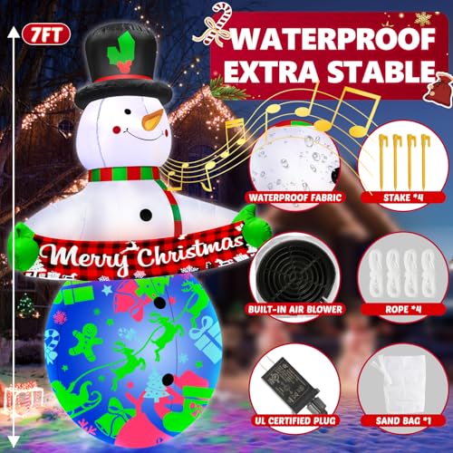 7FT Christmas Inflatables Snowman with Music & 360° Rotation LED Light Indoor Outdoor E158